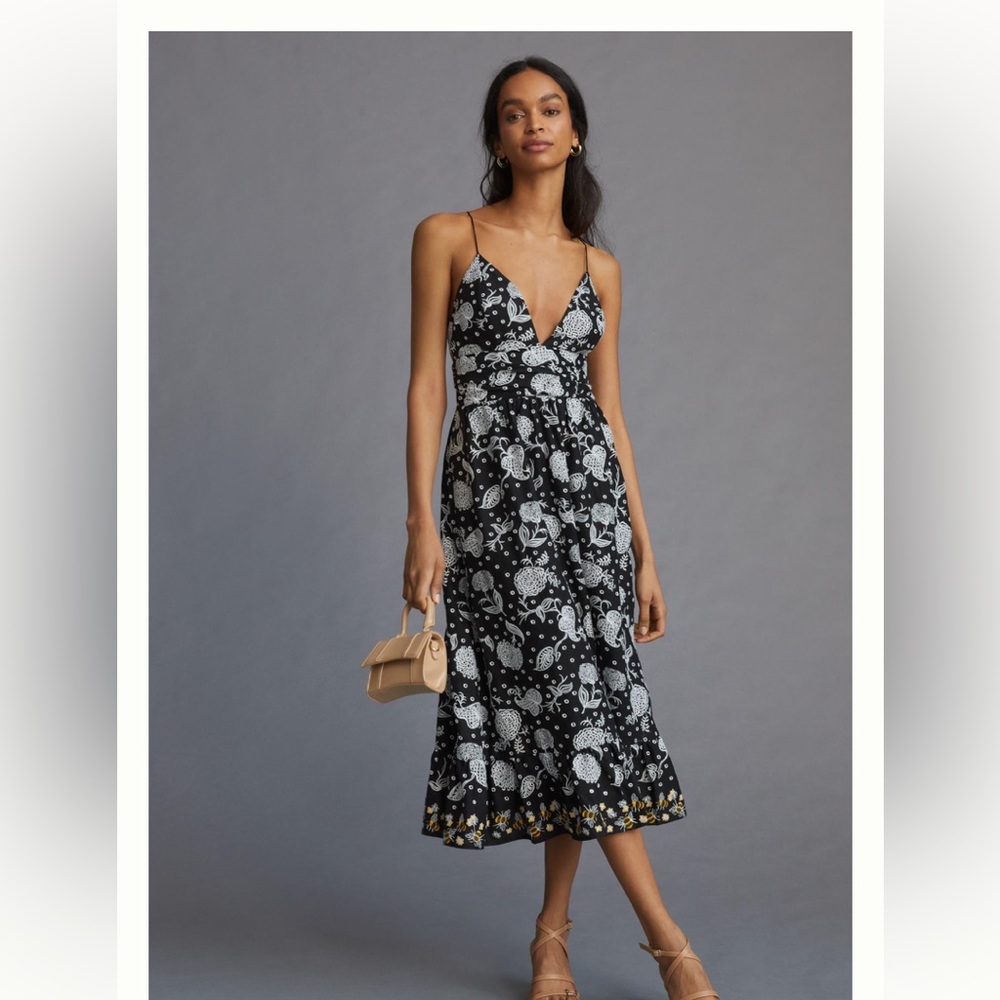 Anthropologie Black & White Floral Midi Dress with Yellow Trim